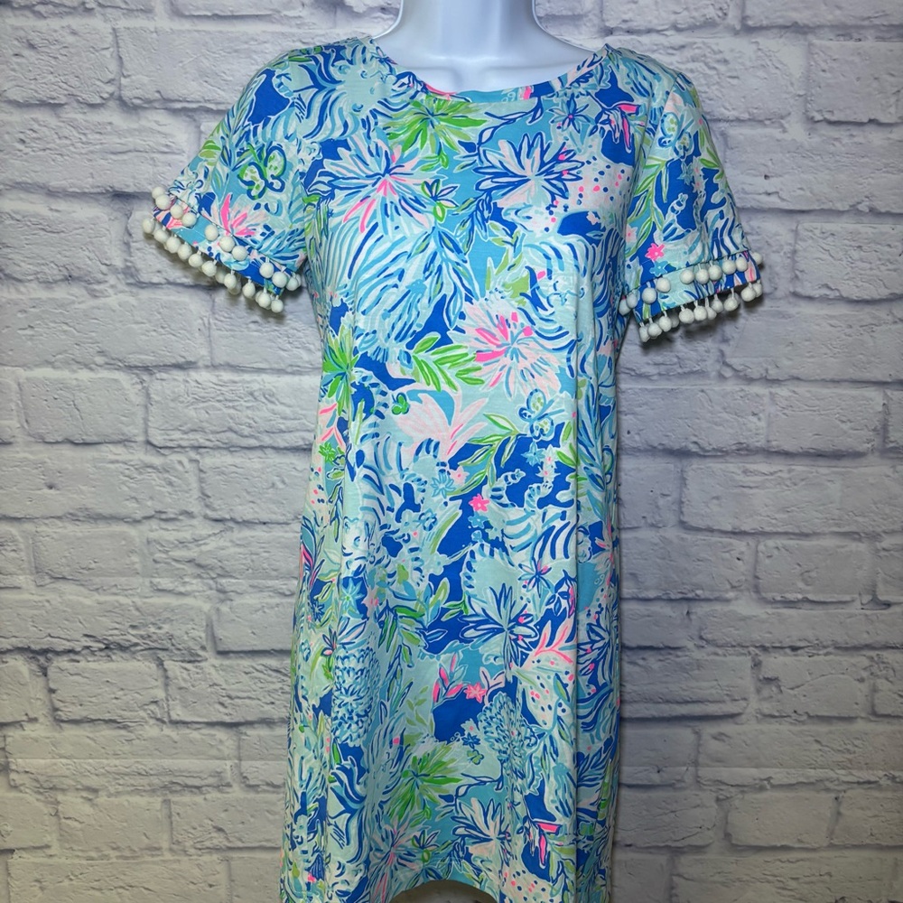 Lilly Pulitzer Women's Lissie Dress Coastal Blue Lion Around Pom Pom X-Small